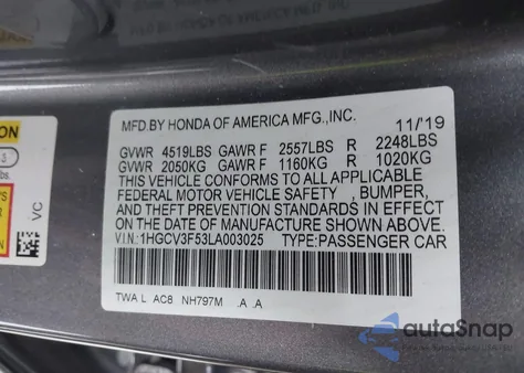 2020 Honda Accord Hybrid Ex-L from USA, damaged, VIN 1HGCV3F53LA003025
